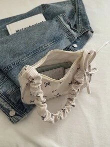1pc White Corduroy Fabric Smooth Zipper Bow Print Drawstring Shoulder Strap Design Fashion Versatile Casual Solid Color Minimalist Autumn/Winter New Unique Shoulder Bag, Suitable For Women's Daily Use - White - View 11