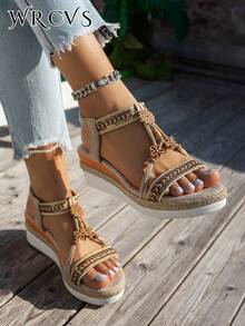 WRCVS Beige Women's Sandals, Strap Shoes, Summer Platform Thick Bottom Sandals, Rope Bottom Fashionable Holiday Sandals, Handmade Beaded Sandals, Random Woven Pattern Bohemian Style Wedge Sandals - Beige - View 5