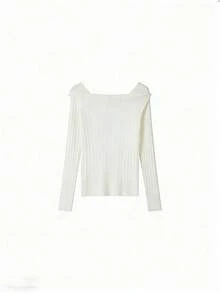 女士露肩针织衫，不对称法式叠穿长袖上衣，夏季款 - 白色 - 查看 5