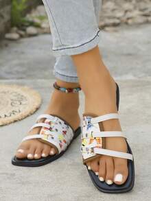 Women's Butterfly Print Rivet Decor Open Toe Slip-On Flat Sandals, Casual Fashion Summer, Printed Fabric & PU Leather Personalized Slippers - White - View 2