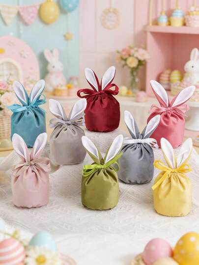 Easter Bunny Ear Velvet Drawstring Gift Bag, Cute Velvet Candy & Chocolate Bag Suitable For Easter, Wedding, Party Decoration
