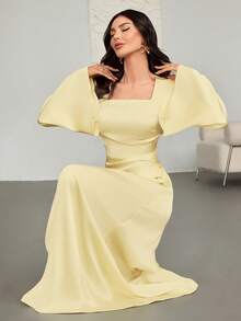 Women's Spring/Summer Fashionable & Elegant Yellow Satin A-Line Dress – Square Neckline, Flared Sleeves, Irregular Pleated Design, Ideal For New Year Gowns, Romantic Dates & Party Wear