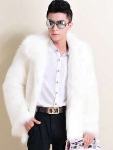 Abrigo de piel sintética para hombre de otoño e invierno nuevo con cuello vuelto y talla grande imitación piel de zorro abrigo de piel cálido - Blanco - Ver 1