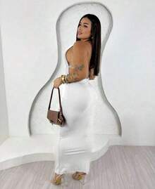 Long V-Neck Dress, Fashionable, Form-Fitting, Sexy, Sheath Style. - White - View 2
