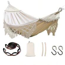 Nouveau style bohème Hamac suspendu pour 2 personnes avec glands, tiges en bois incurvées anti-basculement, complet avec sac en tissu et sangles, convient pour le patio extérieur, le jardin, le camping, l'équipement essentiel pour l'extérieur - Multicolore - Voir 10