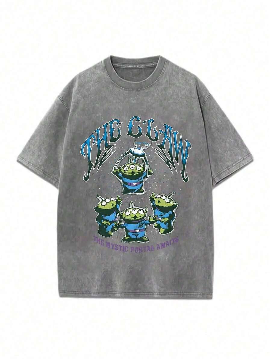 Disney Disney Toy Story Pizza Planet Pattern Street Style 100_ Pure Cotton Vintage Round Neck Pullover, Comfortable Round Neck T-Shirt, Suitable For Travel And Vacation, Unisex. - Grey - View 1