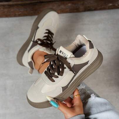 女士休闲运动鞋，撞色拼接，学生运动交叉绑带，时尚休闲学院风，春夏白色运动鞋