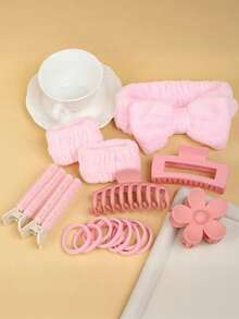 16pcs/Set Pink Household Washing Accessories Set, Including Large Comb, Hair Clips, Wrist Band, Hair Ties, Etc. - Suitable For Girls And Women, Decorative Accessories, Suitable For Daily Use, Bathing, Waterproof, New Combination, Adorable And Sweet, Multi-Functional - Suitable For Daily Life And Outfits, Style, Claw Clips - Multicolor - View 6