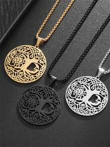 1PC New Casual Fashion Tree Of Life Pendant Necklace, Hollow Design, Sun And Moon Cartoon Pattern, Men's Classic High-Quality Stainless Steel Jewelry Accessories, Ideal Holiday Gift - Fashion - View 3