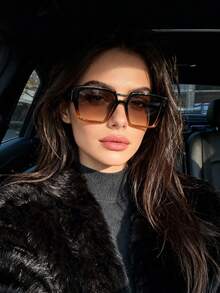 1副复古双梁方形时尚眼镜，女士款，时尚街头风 - 黑框漸茶片 - 查看 1