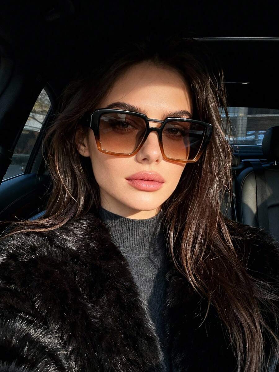 1副复古双梁方形时尚眼镜，女士款，时尚街头风 - 黑框漸茶片 - 查看 1