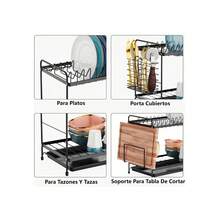 Escurridor de múltiples capas con bandeja de goteo, diseño que ahorra espacio, incluye soporte para cubiertos y tabla de cortar, adecuado para encimeras de cocina, color negro - Negro - Ver 6