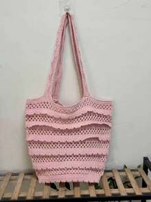 Korean/Japanese Niche Design Woven Beach Bag, Lace Hollow Out Casual Vacation Daily Commute Large Capacity Shoulder Tote Bag - Pink - View 3