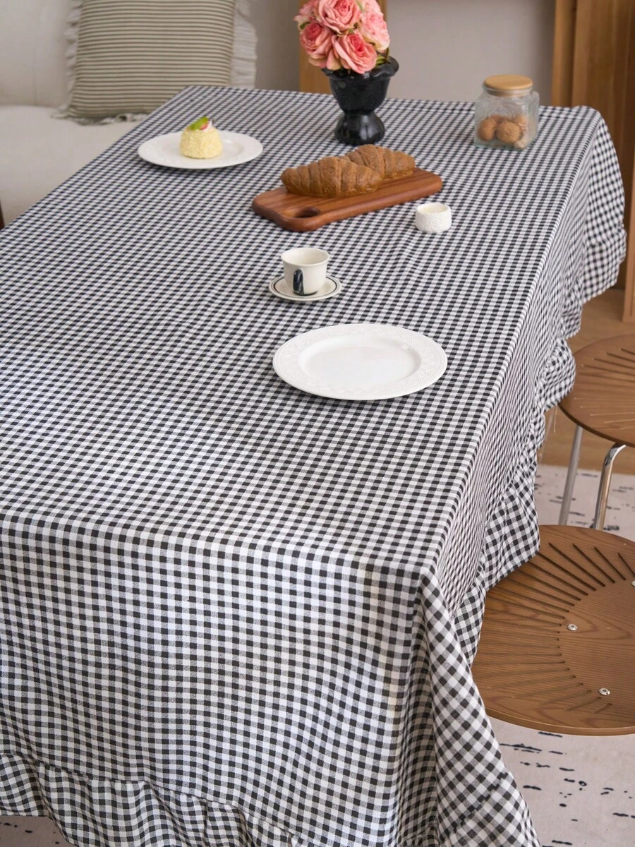 1pc Elegant Plaid Ruffle Edged Tablecloth, Farmhouse Style, Suitable For Kitchen, Dining Table, Coffee Table, TV Stand, Entryway, Holiday Party, Birthday, Wedding, Office Desk, Photography Backdrop, All Season