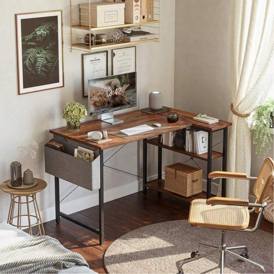 40" Computer Desk With Reversible Storage Shelves Home Office Corner Desk Study Writing Gaming Table, Brown - 棕色 - 查看 1