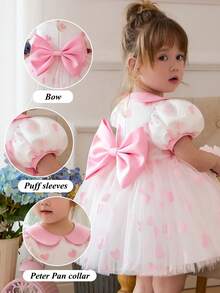 Baby Girls' Pink Round Neck Puff Sleeve Bow Tulle Elegant Princess Dress, Cute Party Dress Suitable For Girls' Birthday, Valentine's Day, Wedding, Banquet, Holiday Celebration - Pink - View 9