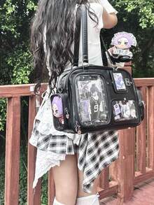 新款日系PU皮Y2K心形链条透明徽章包，休闲简约街头通勤多功能大容量单肩斜挎包，可收纳杂物、挂钥匙、存放明信片 - 黑色 - 查看 2