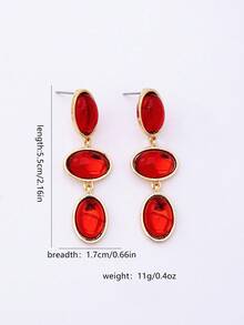 1 Pair Fashionable Faux Gemstone Encrusted Oval Stud Earrings, Suitable For Women's Party, Gathering, Daily Wear, Versatile Gift - Red - View 2