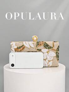 OpulAura 1件复古花卉手提包，时尚亮片刺绣花朵链条单肩包，迷你盒形钱包，适合派对女孩、新娘、新婚夫妇和上班族女性，可用于派对、婚礼、工作、商务旅行、户外活动和通勤。 - 杏色 - 查看 4