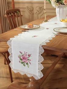 Taplak Meja Polos dari Poliester Linen dengan Bordir Bunga Mawar Merah Muda, Pinggiran Renda Rajutan Bergelombang Berbentuk Kipas Empat Sisi, Dekorasi Botani Vintage untuk Meja Makan, Meja Teh, Pernikahan, Rumah Pertanian, Dapur - MultiWarna - View 1