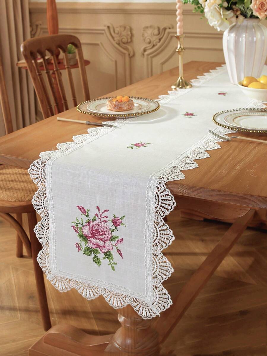Taplak Meja Polos dari Poliester Linen dengan Bordir Bunga Mawar Merah Muda, Pinggiran Renda Rajutan Bergelombang Berbentuk Kipas Empat Sisi, Dekorasi Botani Vintage untuk Meja Makan, Meja Teh, Pernikahan, Rumah Pertanian, Dapur - MultiWarna - View 1