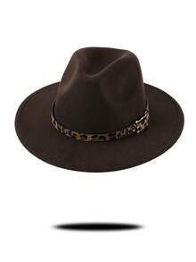 1pc Gray Felt Fedora Hat, Wide Brim Design With Leopard Print Band & Metal Buckle Decor, Chic & Stylish For Casual, Commute, Street Wear, Unique & , Multi-Color Options To Match Various Outfits