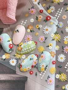 花朵美甲贴纸 - 1张5D立体浮雕，春夏雏菊图案，自粘式贴纸，适用于女士美甲DIY装饰，美甲用品 - 彩色 - 查看 5