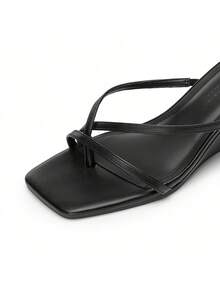 Athlefit Women's Dressy Summer Wedge Sandals Slip On Casual Strappy Thong Slides Cute Square Open Toe Flip Flop Heels - 黑色 - 查看 4