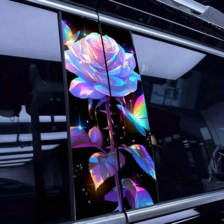 2 piezas Calcomanías de coche con rosa blanca y mariposa, protectores de pilar B resistentes al agua y a los arañazos, adhesivos de película de PVC autoadhesiva, calcomanías de coche, cubierta de columna B