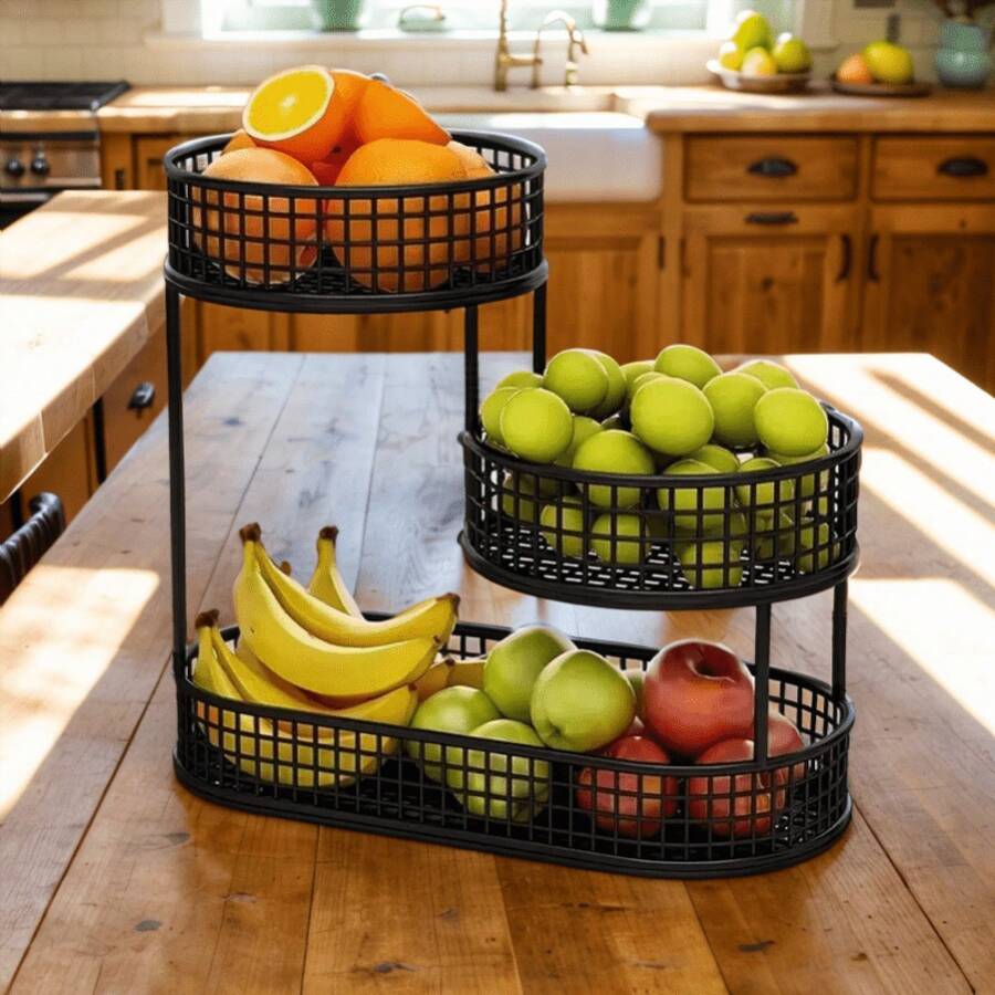 Senmeo 3-Tier Black Metal Fruit Basket (Large Capacity, Lid), Rustproof For Fruits/Veggies/Snacks/Cosmetics/Skincare - màu đen - Xem 1