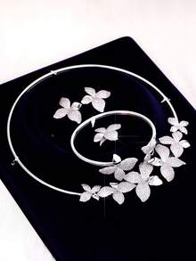 LIGHTSOME Set de 4 piezas: Collar de flor de circonita completa de lujo con pulsera, anillo abierto, aretes. Conjunto de joyas de charm choker de cobre con circonita para mujer, regalo para el Día de San Valentín - Conjunto de joyas - Ver 7