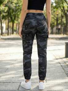 女士运动休闲迷彩工装裤，Y2K 高腰口袋慢跑裤，街头风 - 深灰色 - 查看 4