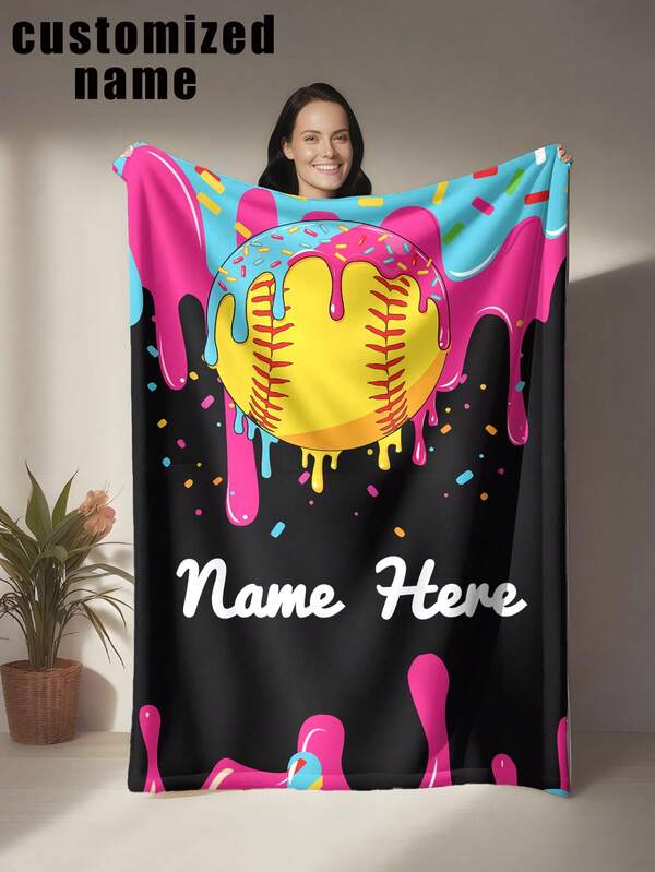 1pc Baseball Themed Blanket, Customizable With Personal Name, Nickname, Lucky Number, Etc. Featuring Baseball & Ice Cream Designs With Sprinkle Elements On A Waffle Textured Background In Vibrant Colors. Machine Washable, Made Of Polyester, Suitable For All Seasons And Occasions, Versatile Digital Printed Blanket For Sofa, Bed, Car, Tea Room, Bedroom, Bathroom, Living Room, Dining Room, Office, Etc.