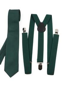 ZONFAZ 2pcs Men's Business Casual Adjustable Suspender & 6cm Plaid Necktie Set, Suitable For Wedding, Party, Daily Commute - Dark Green - View 3