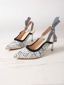 2026 Spring/Summer New Arrival Thin High Heel Letter Bow Pointed Toe Backless Sandals, Fashionable French Retro Elegant Slip-On Pumps For Commuting - White - View 3