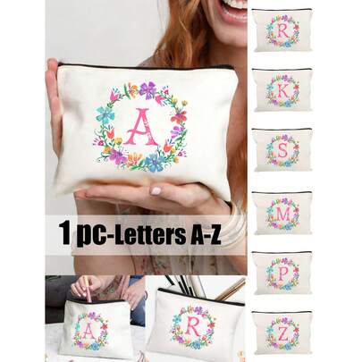 个性化英文字母化妆包，时尚水彩花卉化妆包，简约拉链美妆包，拉链旅行洗漱包，指甲油收纳包