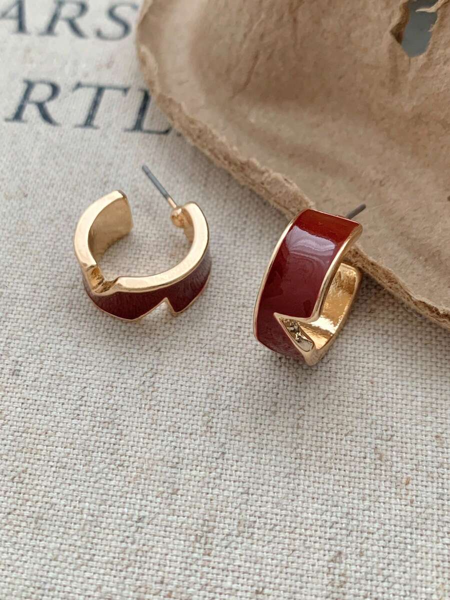 1 Pair Retro Red Geometric Hoop Earrings, Simple Design Suitable For Daily Wear For Women - Red Earrings - View 1