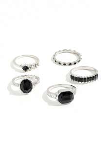 5pcs/Set Ins Style Faux Black Gemstone Diamond Shaped Rings, Multi-Element Black Crystal Ring Set For Women - Silver - View 5