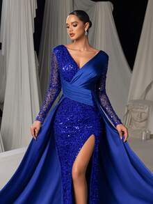 女士优雅深V领晚礼服，饰有亮片，长袖高开衩，正式修身款式，完美适用于红毯活动、派对和婚礼。 - 寶藍色 - 查看 1