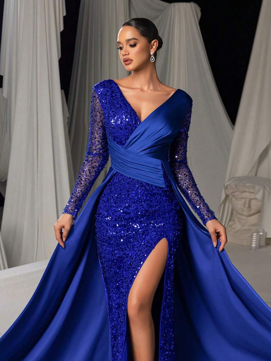女士优雅深V领晚礼服，饰有亮片，长袖高开衩，正式修身款式，完美适用于红毯活动、派对和婚礼。 - 寶藍色 - 查看 1