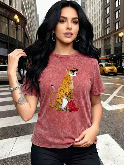 大码女式夏季包子印花休闲简约日常宽松水洗棉短袖圆领T恤