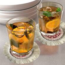 1/4/6pcs Middle Eastern Festival Series Expanding Geometric Floral Pattern Linen Printed Tassel Table Mat/Coffee Cup Coaster - Multicolor - View 8