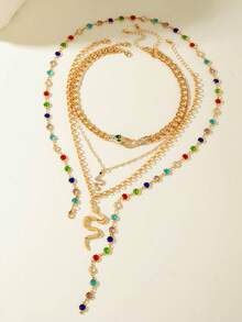 4pcs/Set Minimalist Long Chained Rhinestone Snake Pendant Multilayer Y-Necklace, Unique Design Handmade Jewelry For Women, Suitable For Daily Wear And Party, Random Color Rhinestone - Multicolor - View 2