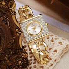 1pc/Set Square Fully Rhinestone Women's Bracelet Watch, Gold Thick Chain Paved Diamond Quartz Watch, Luxury Fashion Suitable For Women's Daily Wear Or Gift, Christmas, Valentine's Day, Ramadan, Eid, Carnival - one-size - View 9