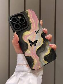 1pc Fashionable Personality Pink & Black Marble Butterfly Print Vertical Striped Faux Leather Soft Protective Phone Case, Suitable As Birthday, Holiday Gift For Friends, Family, Couples, Fits 17/17 Air/17 Pro/17 Pro Max, 16/16 Plus/16 Pro/16 Pro Max, 15/15 Plus/15 Pro - Multicolor - View 3