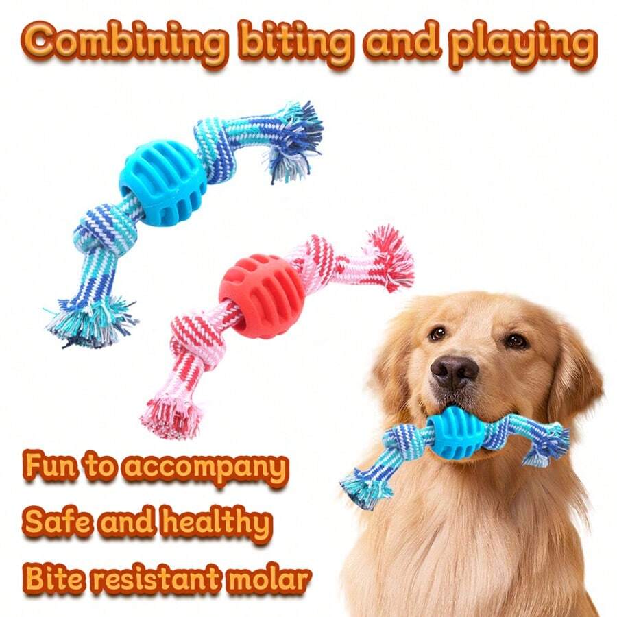 1pc Cotton Rope Knot Dog Chew Toy With Spiky Rubber Ball, Durable Teething Aid For Puppies, Teeth Cleaning Molar Stick For Small Medium Dogs, Oral Health Care Puppy Essentials - 玫紅色 - 查看 1