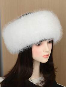 1pc Women's Faux Fur Headband, Solid Black Fluffy Earmuffs Headwrap, Hollow Top Winter Hat - 1Pc - View 5