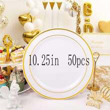 25件套白色圆盘，金色镶边（7.5英寸/10.25英寸），可重复使用且可清洗，适用于婚礼、派对、宴会、情人节、感恩节和圣诞节等场合，宴会餐具，派对餐盘，节日设计，时尚餐具，可重复使用，易于清洁，餐盘，餐饮服务，派对组织者 - 彩色 - 查看 13