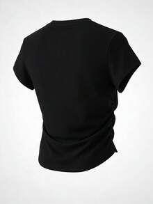 Summer New Minimalist Fashion Design Cartoon Skull Hugging Cat Print Casual Round Neck Short Sleeve Fitted Waist Versatile Women Top - Black - View 7