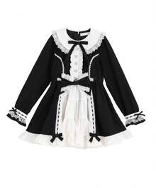 Women's Princess Lace Dress With Bowknot Decor And Ruffle Hem - Black and White - View 4